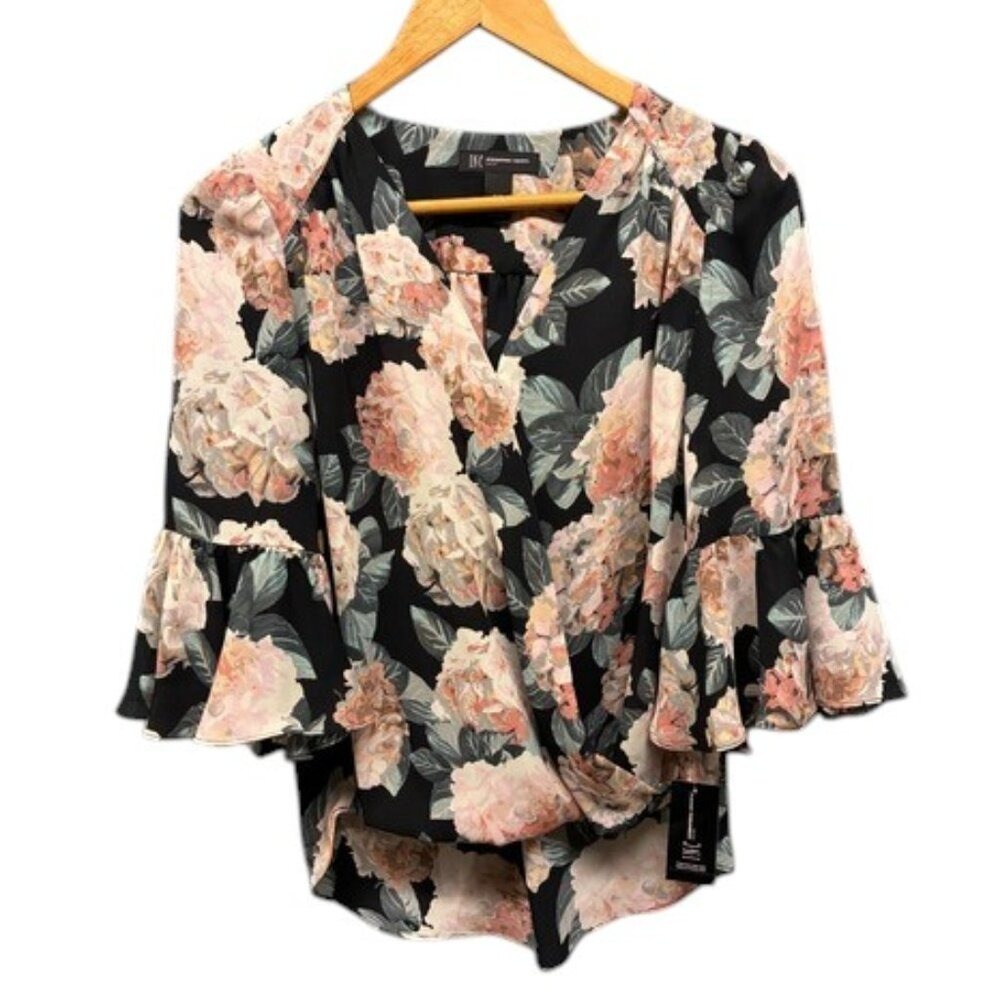 INC Blouse Top Women's Petite‎ S Black Pink Floral Bell Sleeve V Neck NWT